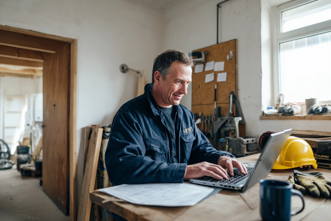 Handwerker sitzt an einem Laptop in seiner Werkstatt, neben ihm sein Helm.