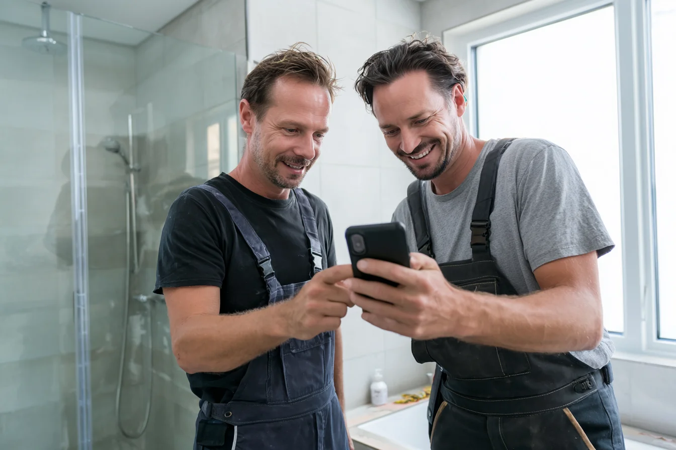 Zwei zufriedene Männer stehen auf der Baustelle im Bad und schauen auf ein Smartphone