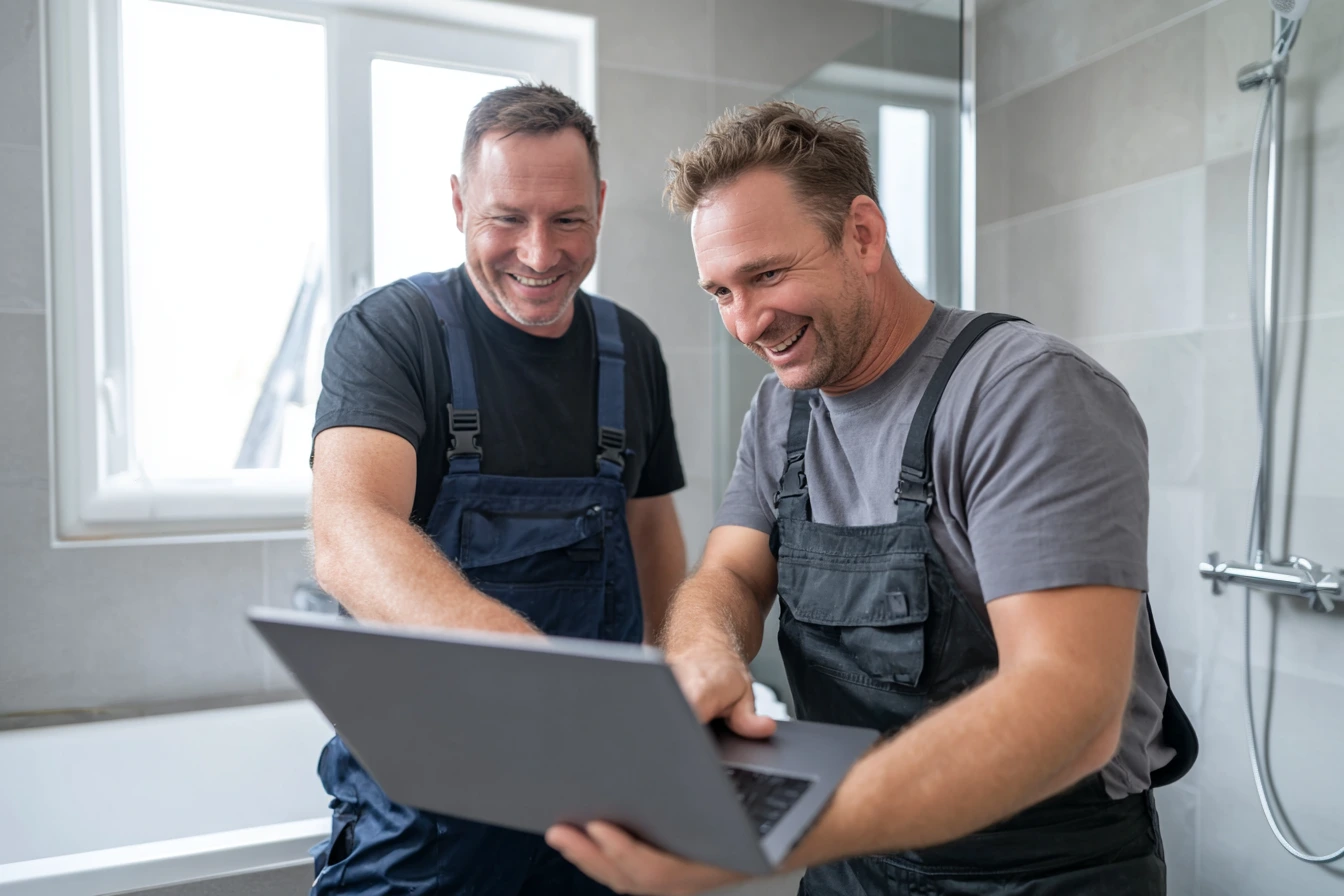 Zwei Männer die in einer Baustelle stehen und zusammen auf einen Laptop schauen